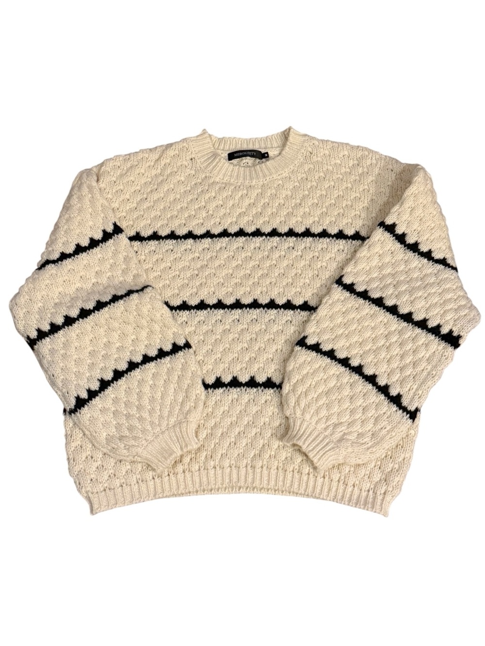 MEROKEETY Cream Chunky Knit Sweater Women’s Size M Textured Striped